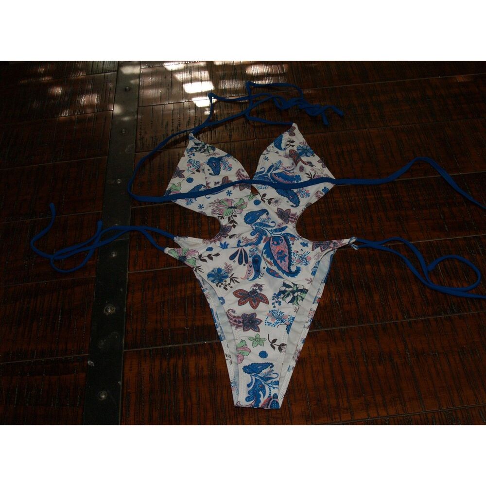 SHEIN Blue Paisley & Floral Cutout One-Piece Swimsuit - Size Medium